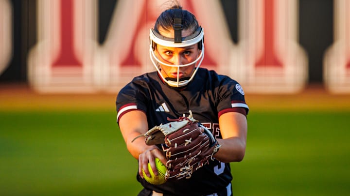 Mississippi State pitcher Peja Goold winds up for a pitch against UT Martin in a game that ended with her first no-hitter.
