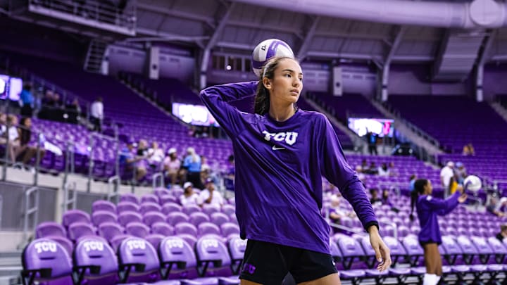 Sept. 16, 2024-TCU Volleyball's Melanie Parra warming up for a match in Schollmaier Arena in Fort Worth, Texas. Sept. 16, 2024-TCU Volleyball's Melanie Parra warming up for a match in Schollmaier Arena in Fort Worth, Texas.