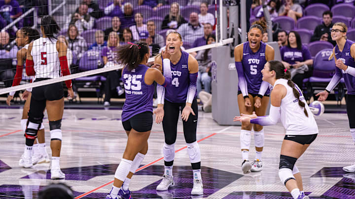 Nov. 22, 2024-TCU volleyball players celebrate a point against Texas Tech in Schollmaier Arena. Pictured are Cecily Bramschreiber (35), Sarah Sylvester (4), Jalyn Gibson (5) and Alice Volpe (0). 