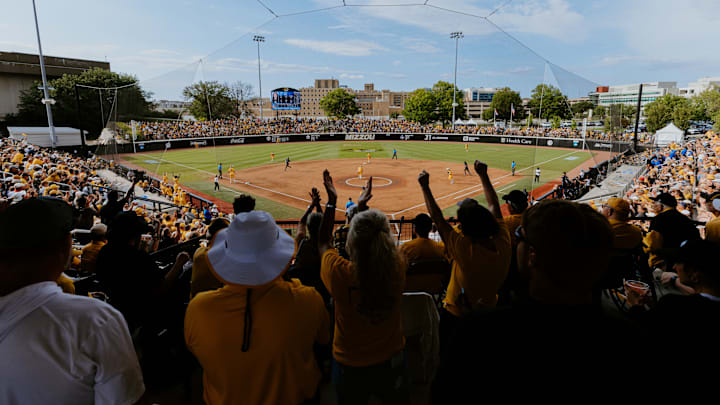 Missouri softball fans cheer on the Tigers at the Mizzou Softball Stadium in Columbia, Mo. 