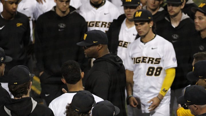 April 2, 2025; Columbia, Missouri, USA: Missouri Tigers Head Coach Kerrick Jackson gives a speech to his players following their walk-off win over Arkansas Pine-Bluff. 