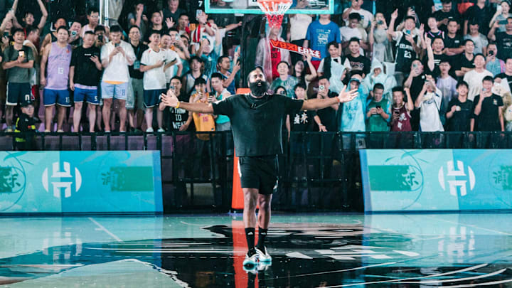 James Harden attended the unveiling of a custom outdoor basketball court.