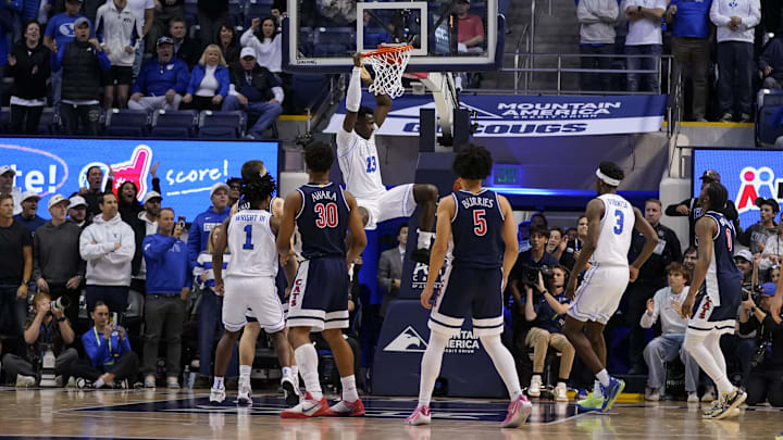 Jan 26, 2026; Provo, Utah, USA; BYU Cougars forward Keba Keita (13) dunks during the second half against the Arizona Wildcats at Marriott Center. Mandatory Credit: Aaron Baker-Imagn Images 