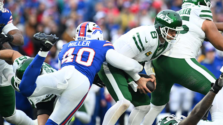 New York Jets quarterback Aaron Rodgers is sacked by Buffalo Bills linebacker Von Miller