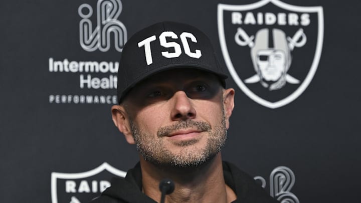 Apr 25, 2025; Henderson, NV, USA; (L-R) Las Vegas Raiders general manager John Spytek during a news conference introducing Ashton Jeanty as the first round draft pick in the 2025 NFL Draft at Intermountain Health Performance Center. Mandatory Credit: Candice Ward-Imagn Images Apr 25, 2025; Henderson, NV, USA; (L-R) Las Vegas Raiders general manager John Spytek during a news conference introducing Ashton Jeanty as the first round draft pick in the 2025 NFL Draft at Intermountain Health Performance Center. Mandatory Credit: Candice Ward-Imagn Images