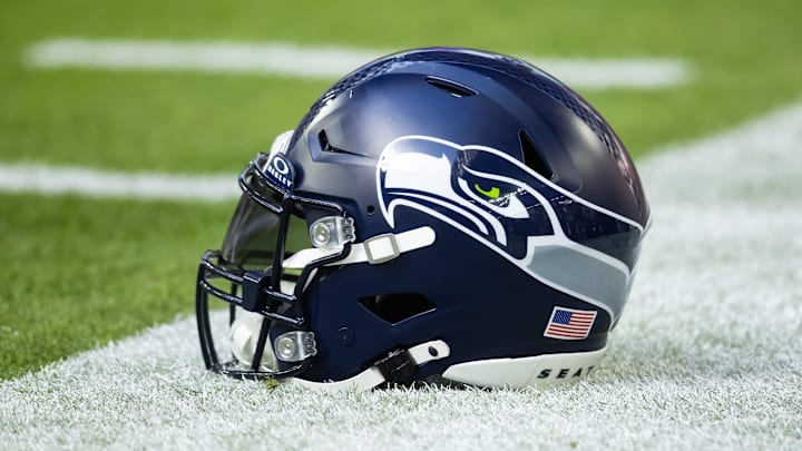 Dec 8, 2024; Glendale, Arizona, USA; Detailed view of a Seattle Seahawks helmet at State Farm Stadium.