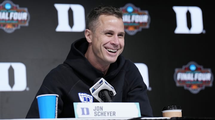 Apr 4, 2025; San Antonio, TX, USA; Duke Blue Devils head coach Jon Scheyer speaks during a press conference after forward Cooper Flagg (2) won the Oscar Robertson Player of the Year.