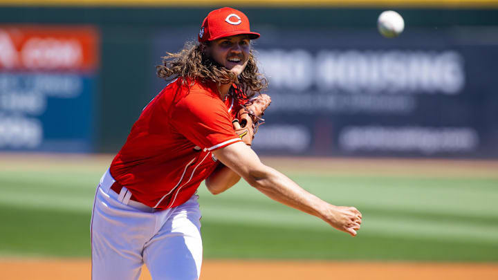 Mar 20, 2024; Goodyear, Arizona, USA; Cincinnati Reds pitcher Rhett Lowder against the Texas Rangers Mar 20, 2024; Goodyear, Arizona, USA; Cincinnati Reds pitcher Rhett Lowder against the Texas Rangers