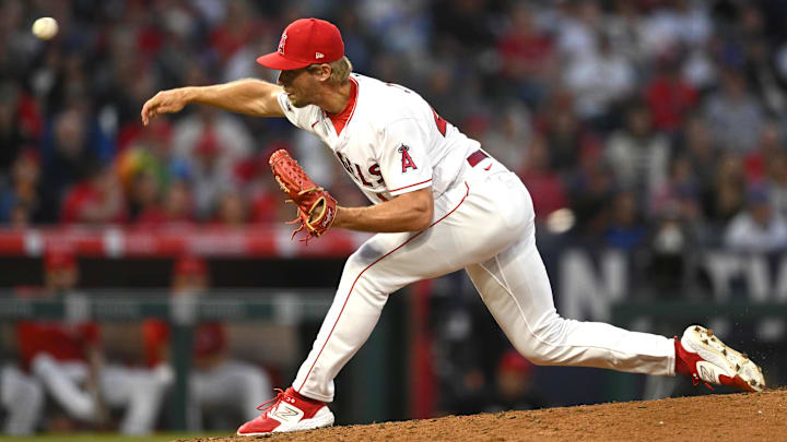 Jun 7, 2023; Anaheim, California, USA; Los Angeles Angels relief pitcher Ben Joyce (44) throws a pitch against the Chicago Cubs in the sixth inning at Angel Stadium. Mandatory Credit: Jayne Kamin-Oncea-USA TODAY Sports