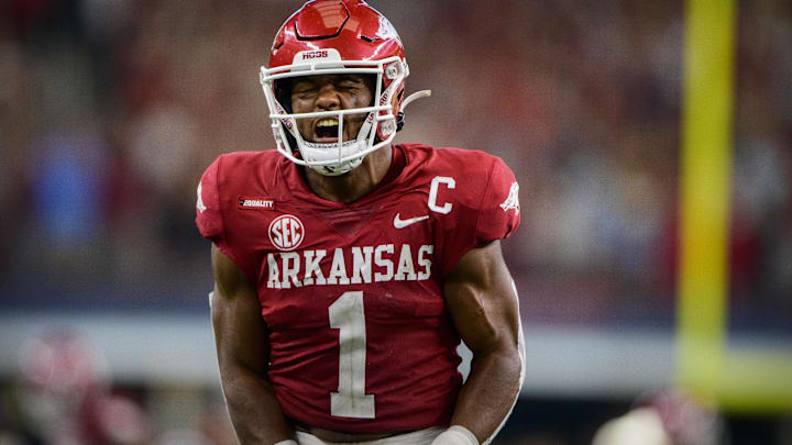 Sep 25, 2021; Arlington, Texas, USA; Arkansas Razorbacks defensive back Jalen Catalon (1) celebrates during the second half against the Texas A&M Aggies at AT&T Stadium. Mandatory Credit: Jerome Miron-Imagn Images