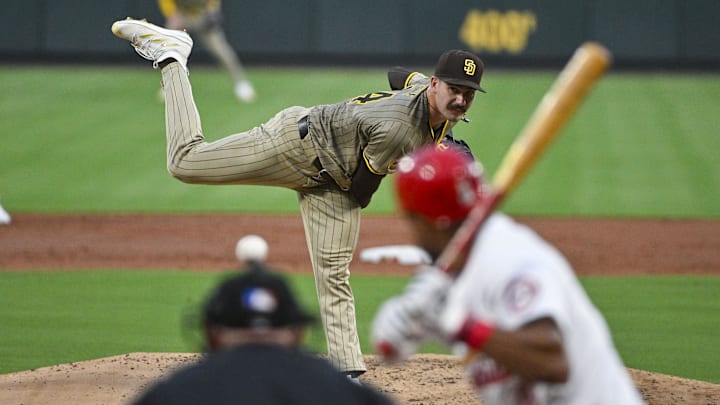 Aug 27, 2024; St. Louis, Missouri, USA; San Diego Padres starting pitcher Dylan Cease (84) pitches against St. Louis Cardinals center fielder Victor Scott II (11) during the second inning at Busch Stadium. Aug 27, 2024; St. Louis, Missouri, USA; San Diego Padres starting pitcher Dylan Cease (84) pitches against St. Louis Cardinals center fielder Victor Scott II (11) during the second inning at Busch Stadium.