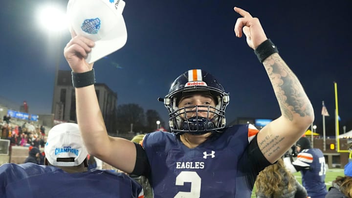 Nashville Christian's Jared Curtis (2) celebrates after the win over Columbia Academy in the TSSAA Bluecross Bowl on Thursday, Dec. 5, 2024, in Chattanooga, Tenn. Nashville Christian's Jared Curtis (2) celebrates after the win over Columbia Academy in the TSSAA Bluecross Bowl on Thursday, Dec. 5, 2024, in Chattanooga, Tenn.