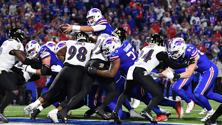Sep 7, 2025; Orchard Park, New York, USA; Buffalo Bills quarterback Josh Allen (17) score a touchdown during the fourth quarter Sep 7, 2025; Orchard Park, New York, USA; Buffalo Bills quarterback Josh Allen (17) score a touchdown during the fourth quarter