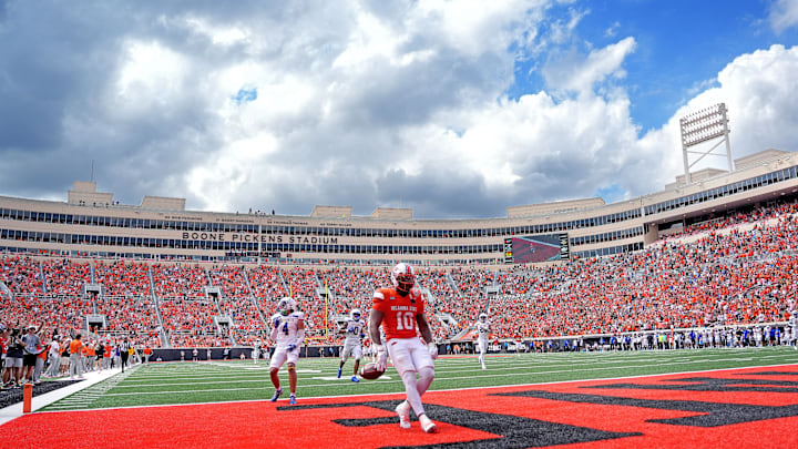 Oklahoma State's Rashod Owens (10) celebrates a touchdown in the second half of the college football game between the Oklahoma State Cowboys and South Dakota State Jackrabbits at Boone Pickens Stadium in Stillwater, Okla., Saturday, Aug., 31, 2024. Oklahoma State's Rashod Owens (10) celebrates a touchdown in the second half of the college football game between the Oklahoma State Cowboys and South Dakota State Jackrabbits at Boone Pickens Stadium in Stillwater, Okla., Saturday, Aug., 31, 2024.