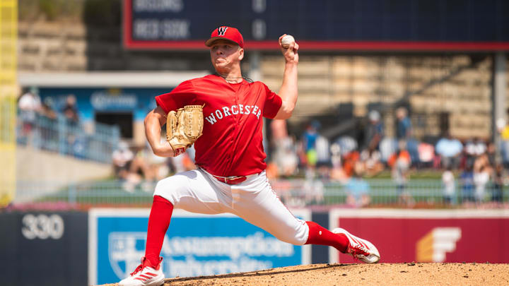 Kyle Harrison gets ready to toss a pitch for Triple-A Worcester during a game at Polar Park on Aug. 7, 2025.
