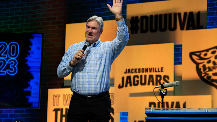 Jacksonville Jaguars head coach Doug Pederson waves after an interview during an NFL Draft watch.