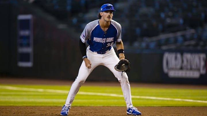 Aug 28, 2022; Phoenix, Arizona, US; East infielder Bryce Eldridge (38) during the Perfect Game All-American Classic high school baseball game at Chase Field. Aug 28, 2022; Phoenix, Arizona, US; East infielder Bryce Eldridge (38) during the Perfect Game All-American Classic high school baseball game at Chase Field.