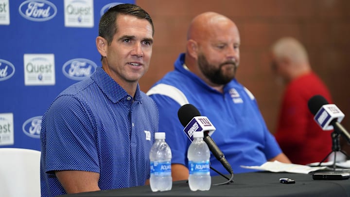 Jul 26, 2023; East Rutherford, NJ, USA; New York Giants general manager Joe Schoen, left, speaks during a press conference with head coach Brian Daboll, right, before training camp at the Quest Diagnostics Training Facility.  