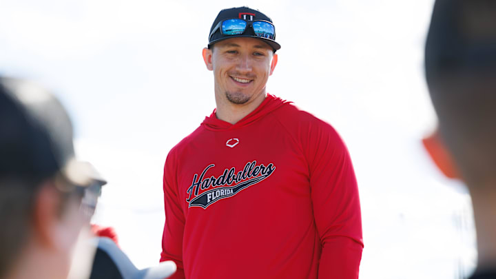 Texas Rangers outfielder Wyatt Langford answers questions at a youth baseball camp.