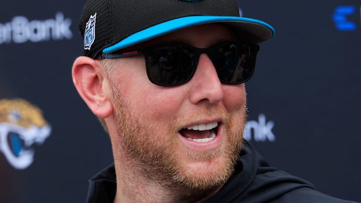 Jacksonville Jaguars head coach Liam Coen is interviewed by members of the media during a rookie minicamp at Miller Electric Center Saturday, May 10, 2025 in Jacksonville, Fla. [Corey Perrine/Florida Times-Union]