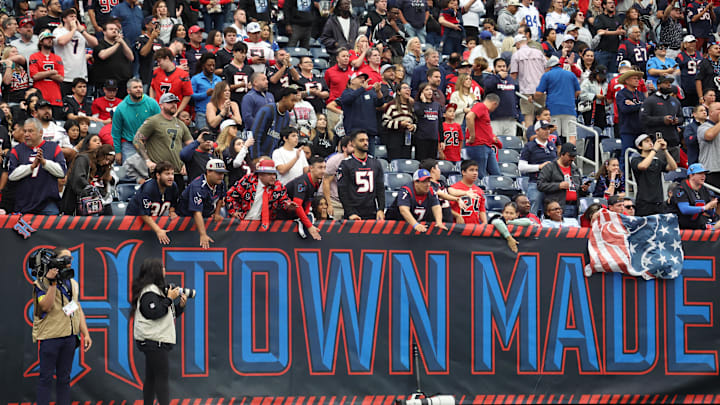 Jan 4, 2026; Houston, Texas, USA;  Houston Texans fans celebrate during the second half against the Indianapolis Colts at NRG Stadium. Mandatory Credit: Thomas Shea-Imagn Images