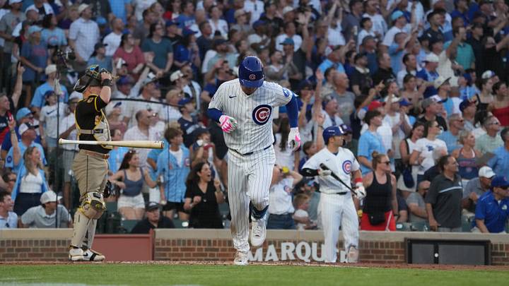 Chicago Cubs third baseman Alex Bregman hits a three-run home run against the San Diego Padres.