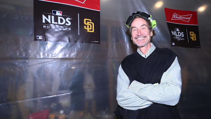 Oct 15, 2022; San Diego, California, USA; San Diego Padres owner Peter Seidler celebrates defeating the Los Angeles Dodgers during game four of the NLDS for the 2022 MLB Playoffs at Petco Park. Mandatory Credit: Orlando Ramirez-Imagn Images