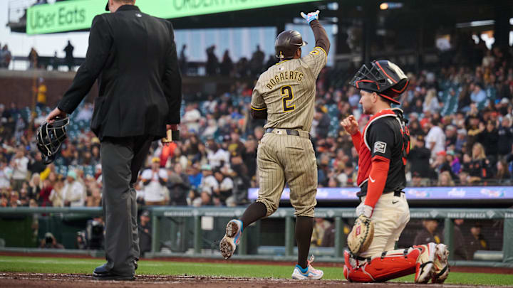 Sep 14, 2024; San Francisco, California, USA; San Diego Padres infielder Xander Bogaerts (2) gestures toward the Padres dugout after hitting a one-run home run against the San Francisco Giants during the fourth inning at Oracle Park. Mandatory Credit: Robert Edwards-Imagn Images