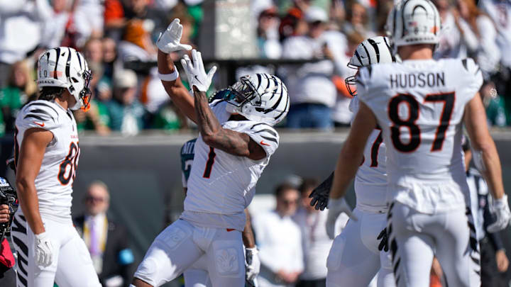 Cincinnati Bengals wide receiver Ja'Marr Chase (1) celebrates a touchdown reception in the first quarter of the NFL Week 8 game between the Cincinnati Bengals and the Philadelphia Eagles at Paycor Stadium in downtown Cincinnati on Sunday, Oct. 27, 2024.