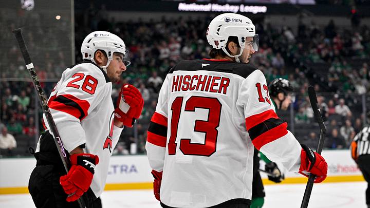 New Jersey Devils right wing Timo Meier (28) and center Nico Hischier (13) celebrates a goal: Jerome Miron-Imagn Images