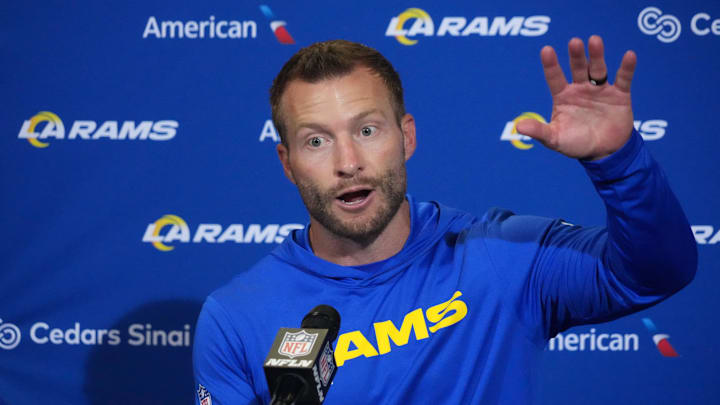 Oct 19, 2025; London, United Kingdom; Los Angeles Rams head coach Sean McVay at a press conference after a NFL International Series game against the Jacksonville Jaguars at Wembley Stadium. Mandatory Credit: Kirby Lee-Imagn Images