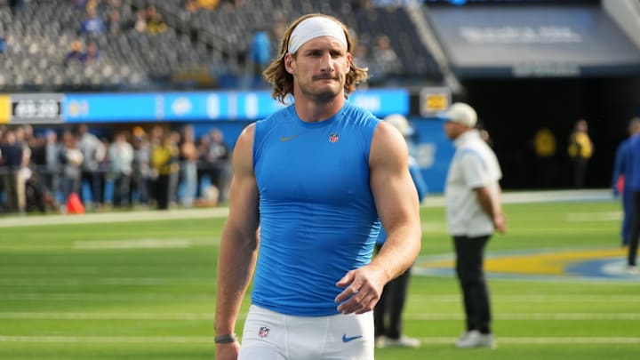 Jan 1, 2023; Inglewood, California, USA; Los Angeles Chargers linebacker Joey Bosa reacts before the
