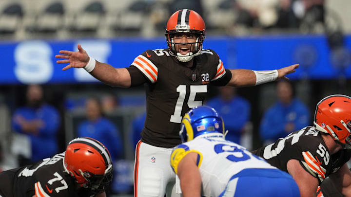 Dec 3, 2023; Inglewood, California, USA; Cleveland Browns quarterback Joe Flacco (15) gestures