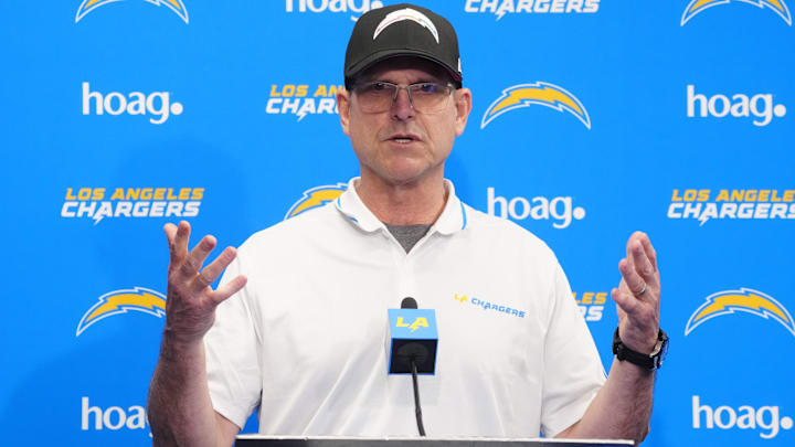Apr 2, 2024; Costa Mesa, CA, USA; Los Angeles Chargers coach Jim Harbaugh speaks at press conference