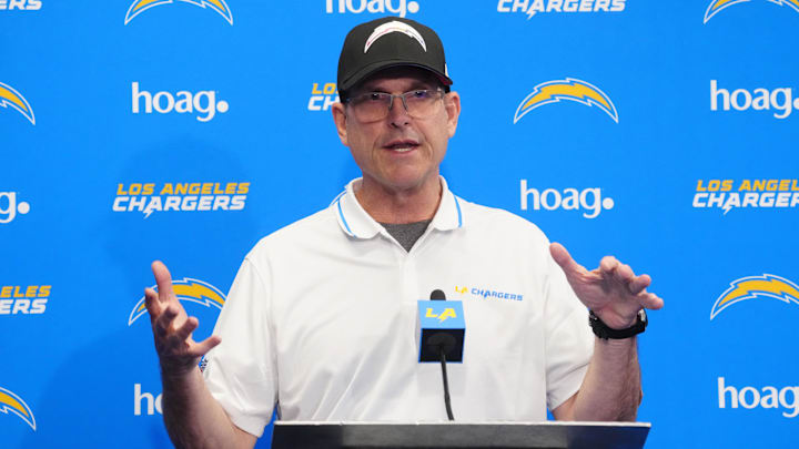 Apr 2, 2024; Costa Mesa, CA, USA; Los Angeles Chargers coach Jim Harbaugh speaks at press conference
