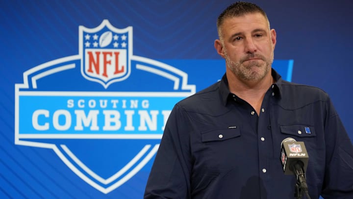 Feb 25, 2025; Indianapolis, IN, USA; New England Patriots coach Mike Vrabel speaks during the NFL Scouting Combine at the Indiana Convention Center. Mandatory Credit: Kirby Lee-Imagn Images