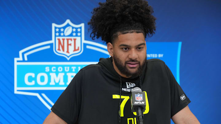 Feb 27, 2025; Indianapolis, IN, USA; Ohio State defensive lineman J.T. Tuimoloau (DL70) during the 2025 NFL Scouting Combine at the Indiana Convention Center. Mandatory Credit: Kirby Lee-Imagn Images