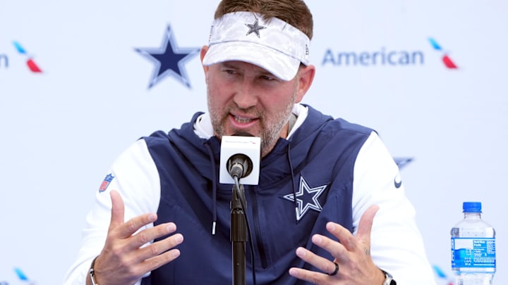 Dallas Cowboys coach Brian Schottenheimer during training camp press conference at the River Ridge Fields. 