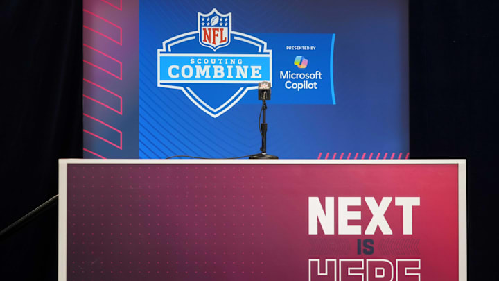 Feb 25, 2025; Indianapolis, IN, USA; General view of the podiums at the NFL Scouting Combine at the Indiana Convention Center. Feb 25, 2025; Indianapolis, IN, USA; General view of the podiums at the NFL Scouting Combine at the Indiana Convention Center.