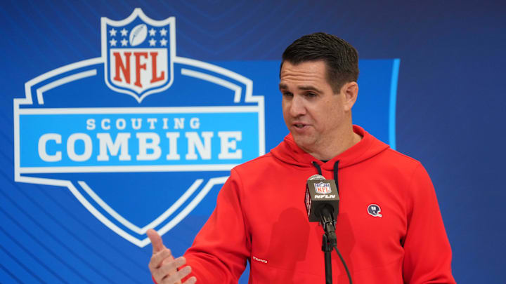 Feb 25, 2025; Indianapolis, IN, USA; New York Giants general manager Joe Schoen speaks during the NFL Scouting Combine at the Indiana Convention Center.  