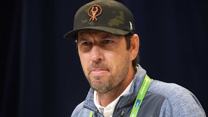 Feb 25, 2025; Indianapolis, IN, USA; Indianapolis Colts coach Shane Steichen speaks during the NFL Scouting Combine at the Indiana Convention Center. Mandatory Credit: Kirby Lee-Imagn Images