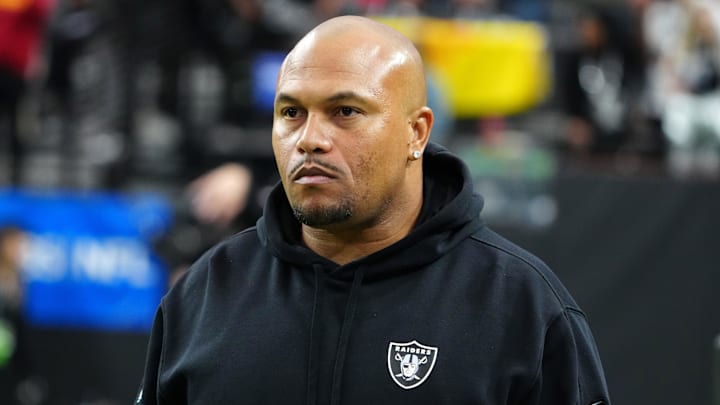 Nov 26, 2023; Paradise, Nevada, USA; Las Vegas Raiders interim coach Antonio Pierce watches the game against the Kansas City Chiefs in the first half at Allegiant Stadium. Mandatory Credit: Kirby Lee-USA TODAY Sports