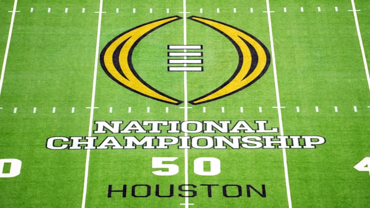 Jan 8, 2024; Houston, TX, USA; The 2024 CFP logo on the field before the 2024 College Football Playoff national championship game between the Michigan Wolverines and the Washington Huskies at NRG Stadium. Mandatory Credit: Kirby Lee-Imagn Images