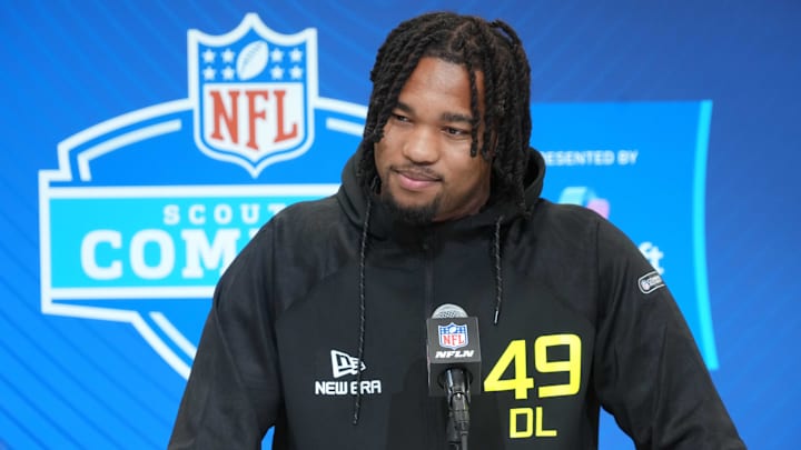 Feb 27, 2025; Indianapolis, IN, USA; Marshall defensive lineman Mike Green (DL49) during the 2025 NFL Scouting Combine at the Indiana Convention Center. Mandatory Credit: Kirby Lee-Imagn Images