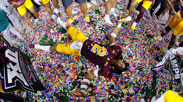 Xavion Alford celebrates Arizona State's 45-19 victory over Iowa State in the Big 12 Championship on Saturday, Dec. 7, 2024, in Arlington, Texas.