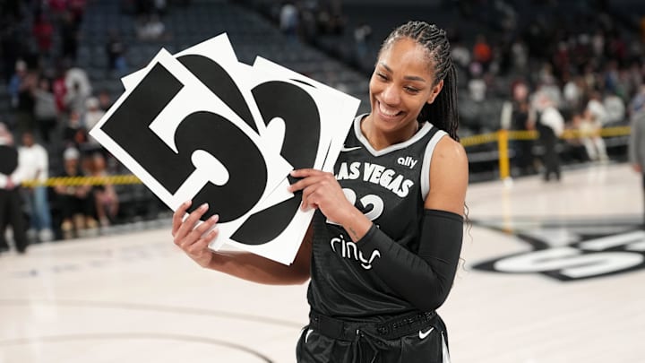 Las Vegas Aces center A'ja Wilson (22) at Michelob Ultra Arena. 