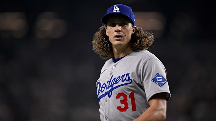 Apr 20, 2025; Arlington, Texas, USA; Los Angeles Dodgers starting pitcher Tyler Glasnow (31) comes off the field during the game between the Texas Rangers and the Los Angeles Dodgers at Globe Life Field. Mandatory Credit: Jerome Miron-Imagn Images