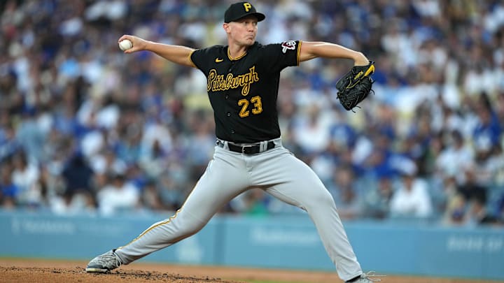 Jul 3, 2023; Los Angeles, California, USA; Pittsburgh Pirates starting pitcher Mitch Keller (23)