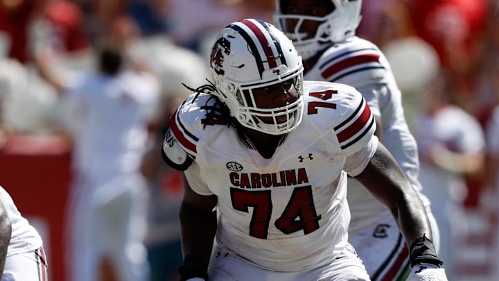 Oct 12, 2024; Tuscaloosa, Alabama, USA;  South Carolina Gamecocks offensive lineman Josiah Thompson (74) during the second half at Bryant-Denny Stadium. Mandatory Credit: Butch Dill-Imagn Images