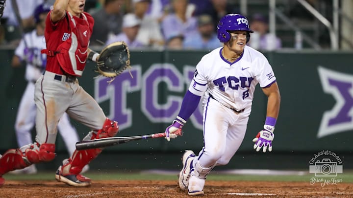 Isaac Cadena getting out of the batters box after getting a hit against Fresno State, 03/07/2025